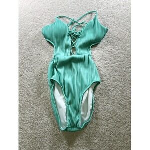 No Boundaries One Piece Swimsuit Womens Large Green Ribbed Lace Up Criss Cross